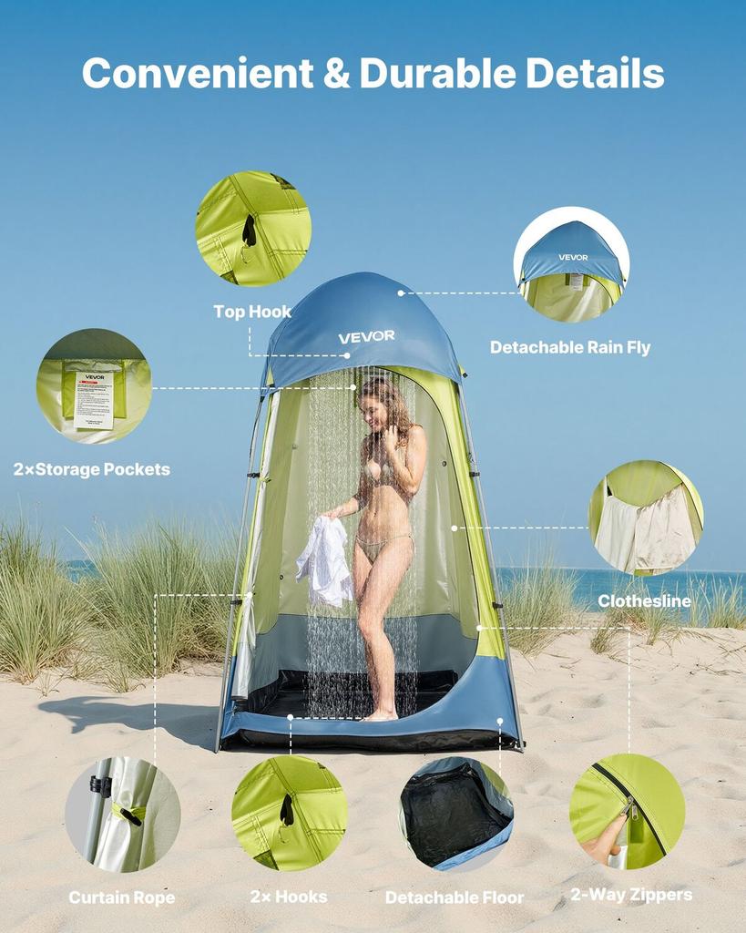 Camping Shower Tent, 1 Room, Portable Privacy Tent Changing Room with Ground Stakes, Ropes, Carry Bag, and Steel Poles, 200D Oxford Fabric with Silver