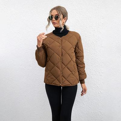 Jesień Zima Cienka Parka Damska Casual Jednolity Kolor Lingge Kwadratowy Casual Luźny Krótki Płaszcz O-Neck Kurtki Odzież Wierzchnia