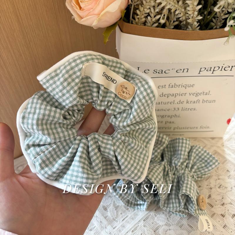 Korean Green Plaid Button Hair Tie - Handmade Simple Elegant Accessory