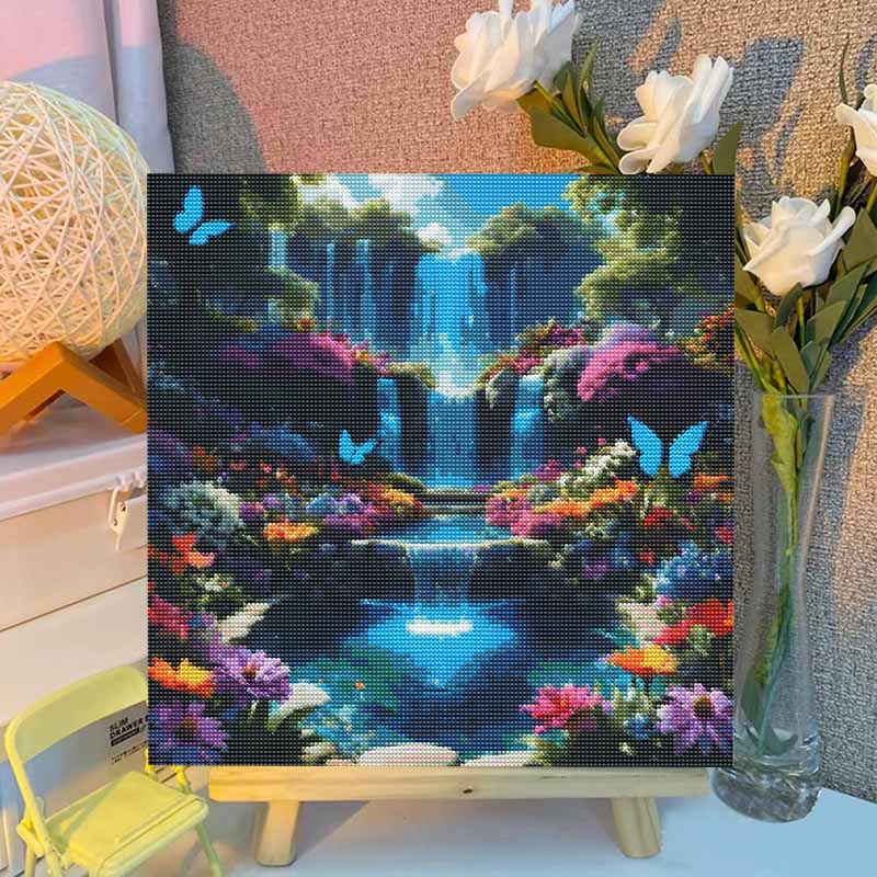 DIY Diamond Painting Canvas Kit for Adults Enchanted Waterfall Butterflies Rhinestone Craft for Stress Relief Living Room Wall Decoration Gift