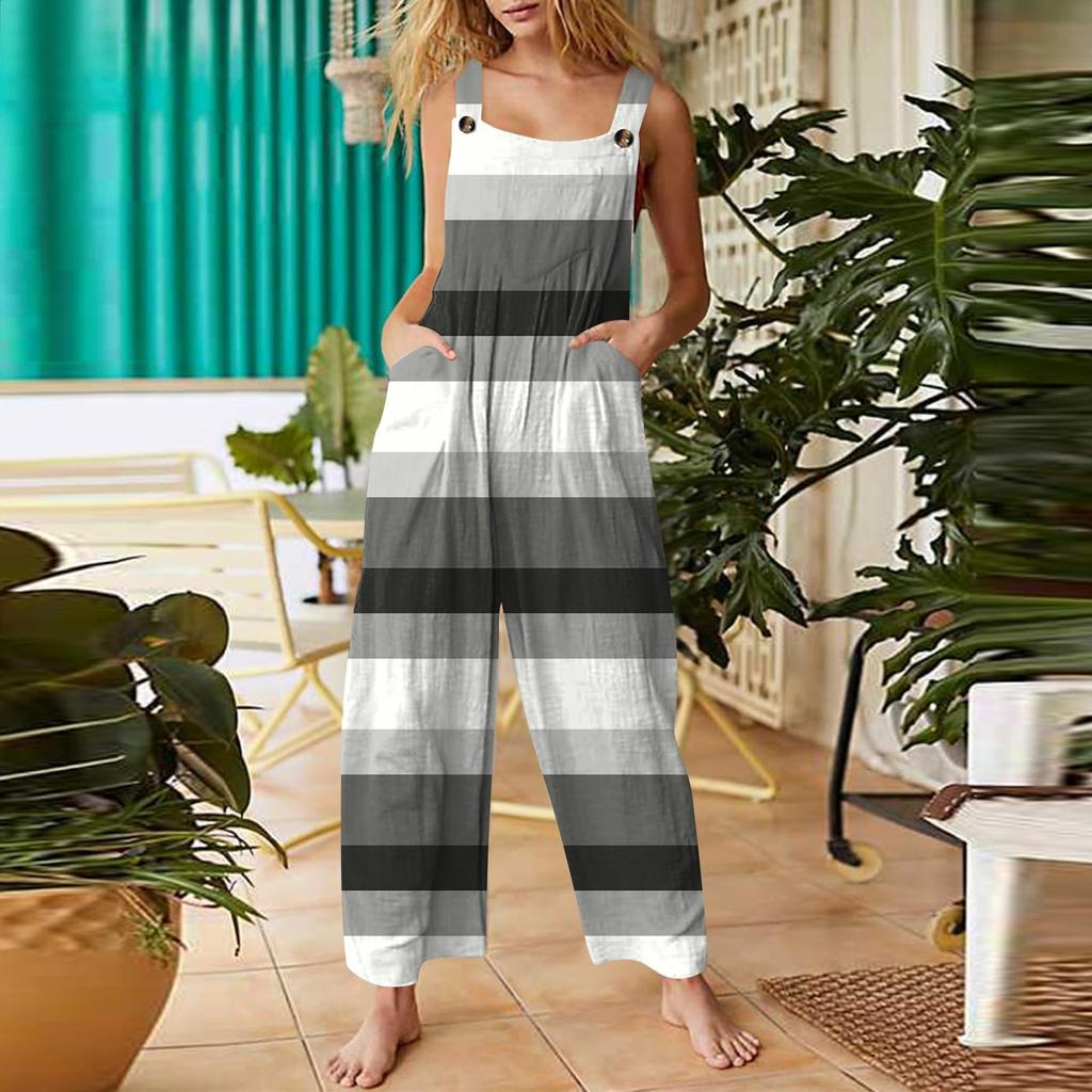 Women's Casual Jumpsuit Sleeveless Gradient Stripe Printed Cotton Jumpsuit