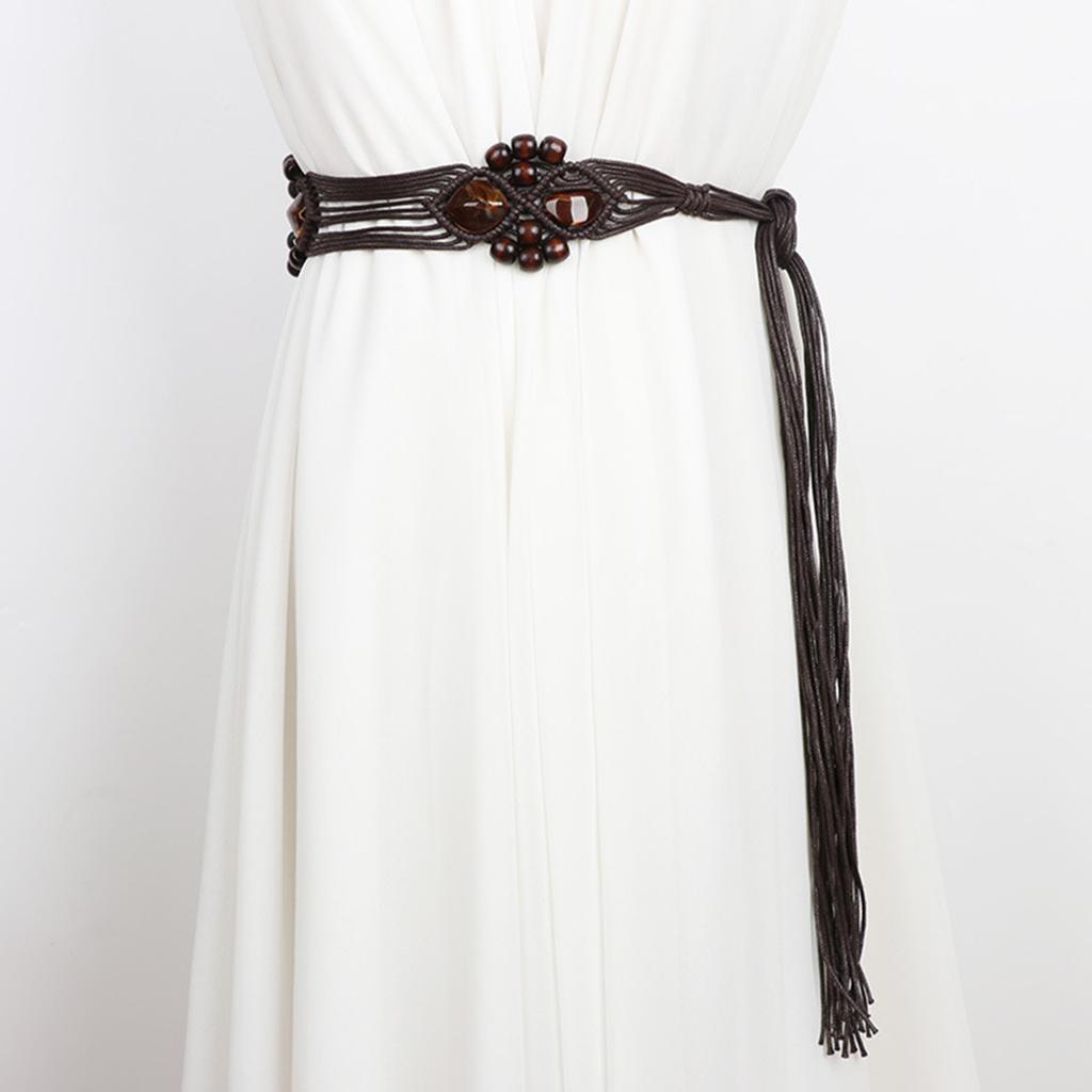Womens Bohemian Style Rope Braid Waist Belt Wooden Bead Waist Rope Waist Chain Braided Tassels Belt for Dress