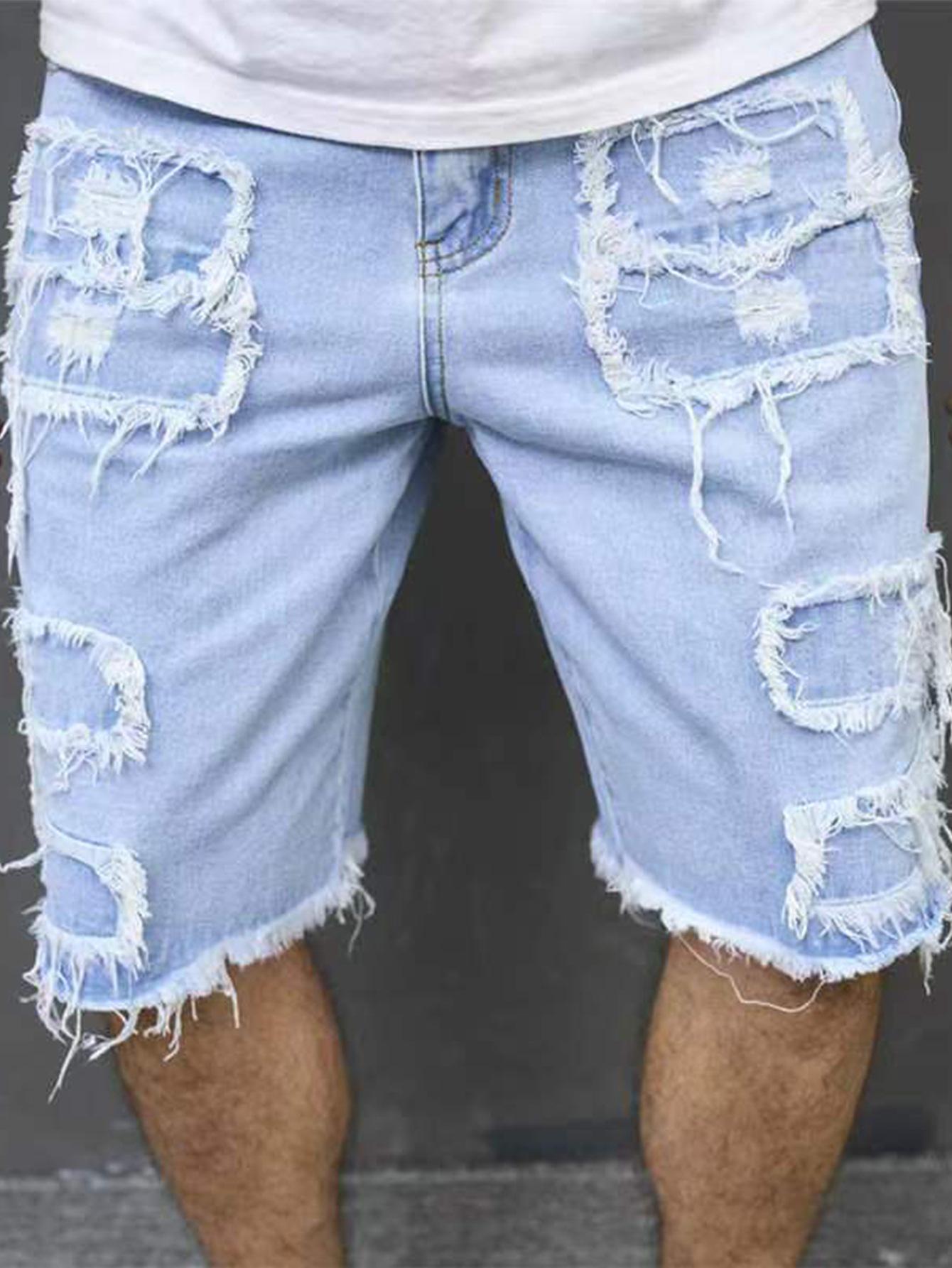 Men s Mid-Length Ripped Denim Shorts with Frayed Hem 34 светло-синий