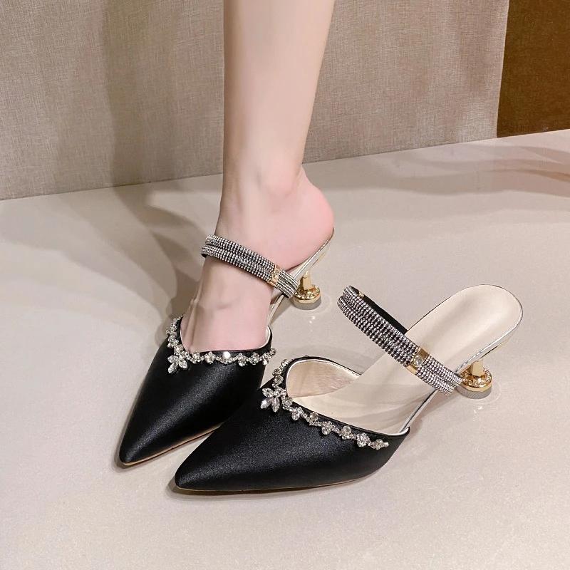 Fashion Baotou Sandals High Heels Women's Pointed Toe Stiletto Rhinestone Single Shoes 2025 Spring and Autumn New