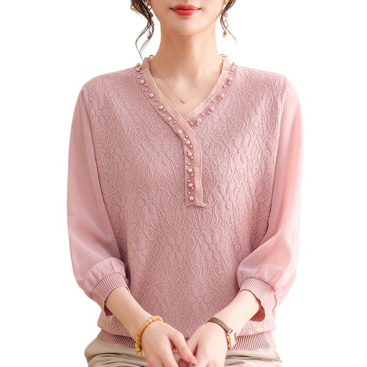 Chic Pearl-Embellished Lace Patchwork Loose T-shirt for Mature Women