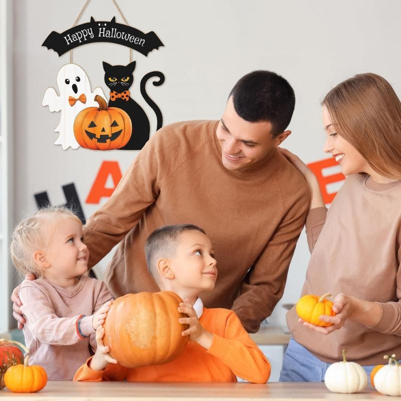 Halloween Dekoration Holz Halloween Türkranz für Haustür Schilder Katzen Kürbis Hängende Schilder für Heim Wanddekorationen