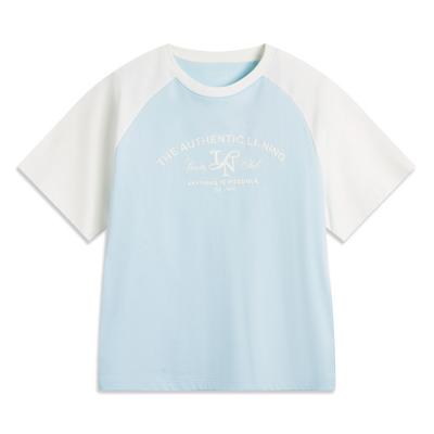 Li Ning Sports Trend Series Moisture Wicking Loose Short Sleeve T-Shirt Women Tops Light-Sky-Blue Cream AHSV194-3