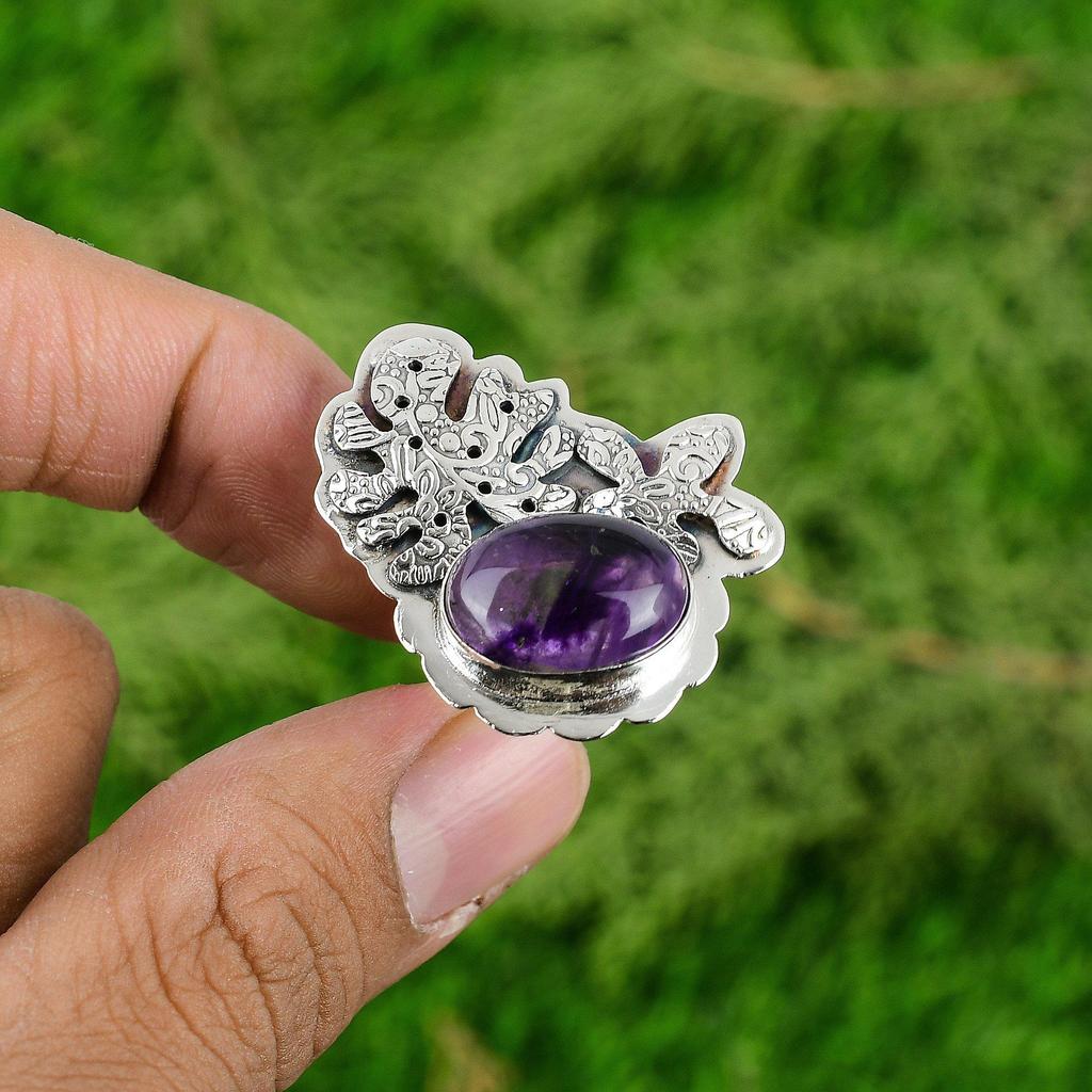 Womens day Deal Sterling Silver Oval Natural Star Amethyst Boho Solitaire Ring