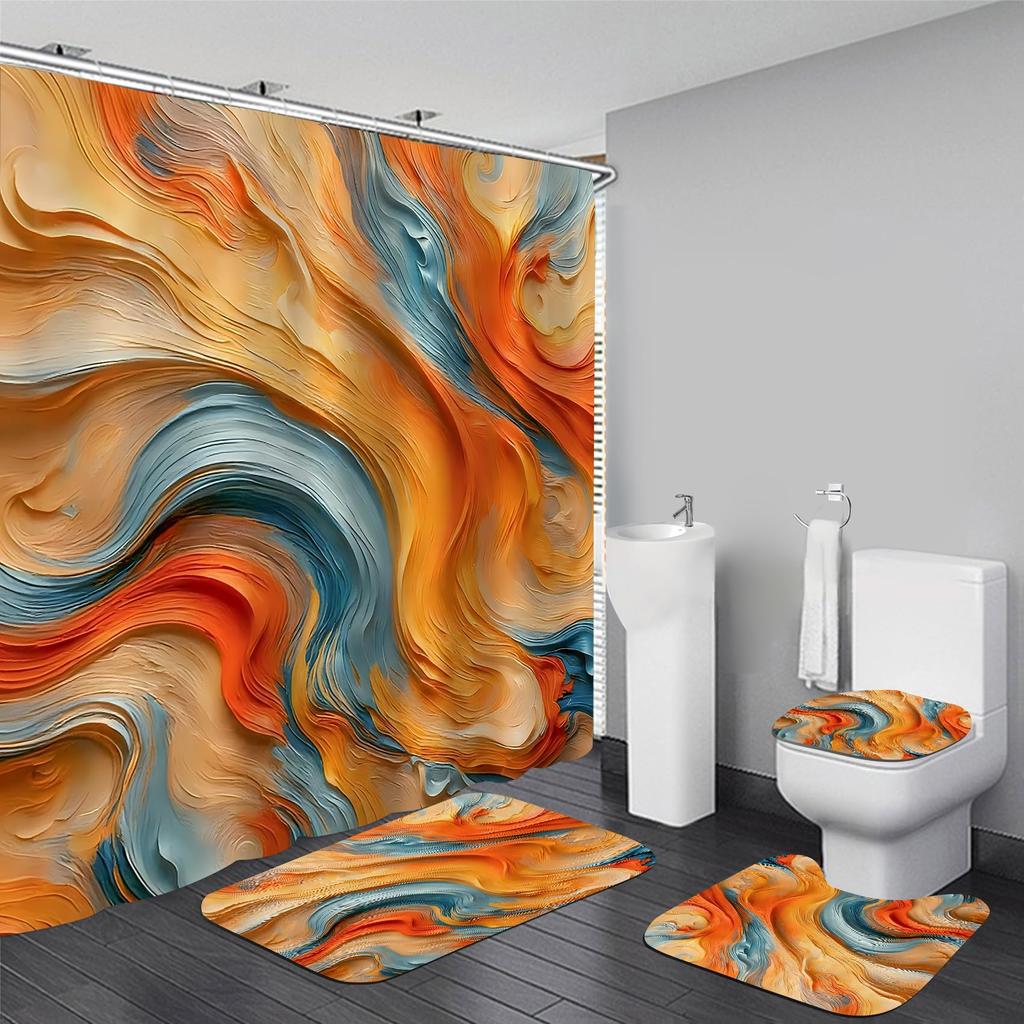 4Pcs Shower Curtain Set with Non-Slip Bath Mat, Toilet Lid Cover, Contour Rug & 12 Hooks, Bathroom