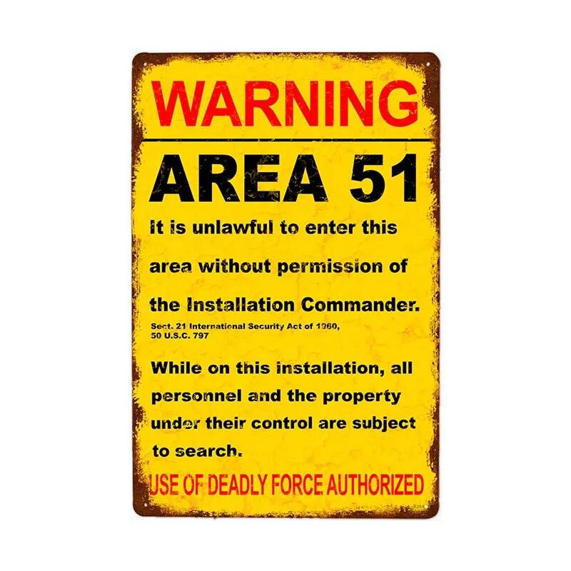 Warning Area 51 Metal Tin Sign UFO Vintage Wall Plaques Art Poster Decoration Painting Home Decor 20x30cm