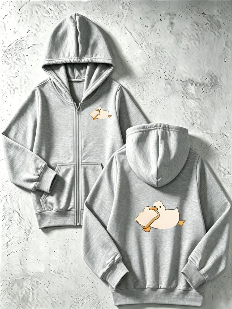 Kinder Kapuzenjacke mit Reißverschluss Niedliche Cartoon-Ente mit Toast Grafik Langarm Kapuzenpullover für Jungen Mädchen Tägliches Streetwear Outfit