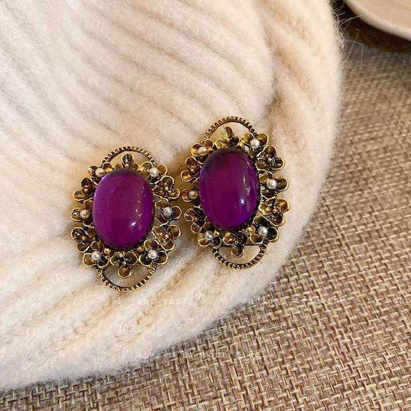 Purple Gemstone Stone Hole-less Ancient Pearl Ear Clip Earrings for Women