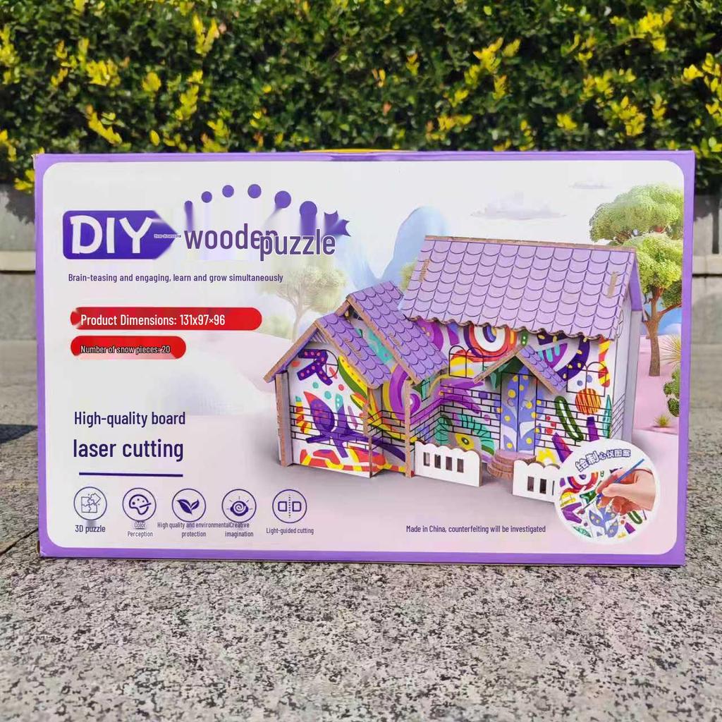 3D Wooden Puzzle: Colorful DIY Small House Toy for Children