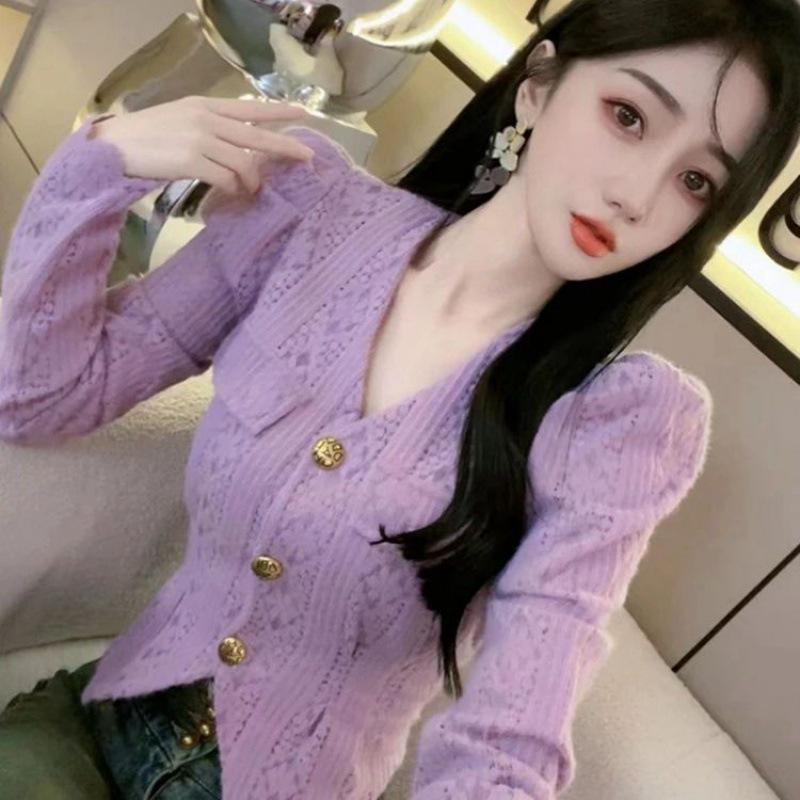 French Red Bubble Sleeve Knit Top - 2025 Autumn/Winter Slim Fit Women's Base Layer