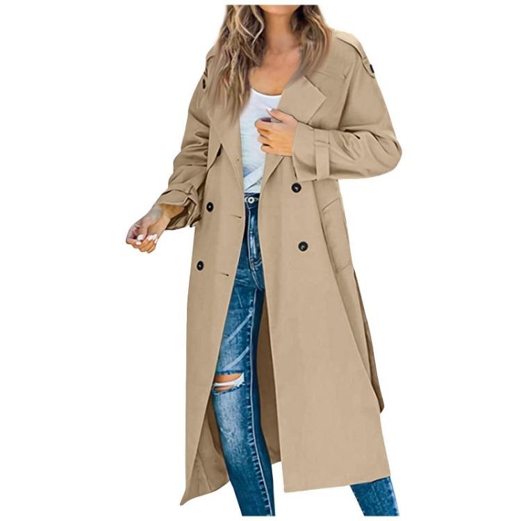 Elegant Women Solid Color Long Trench Coat Casual Winter Autumn Jacket Temperament Style