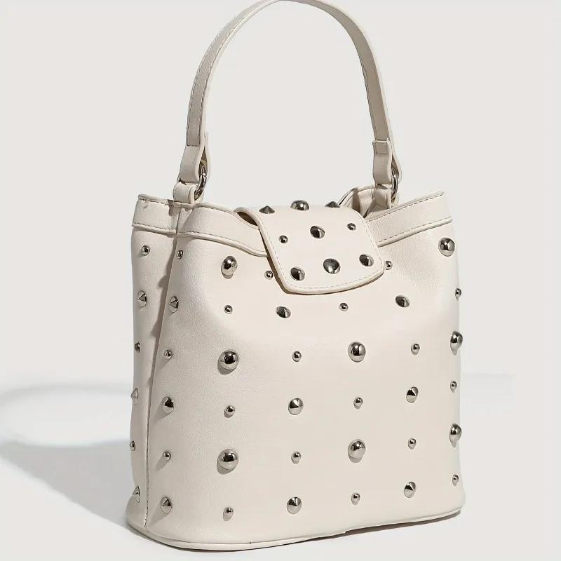 Riveted Carry-on Bag Large Capacity, White Leather Single Shoulder Bag, Fashionable Zipper Chain Diagonal Cross Bags