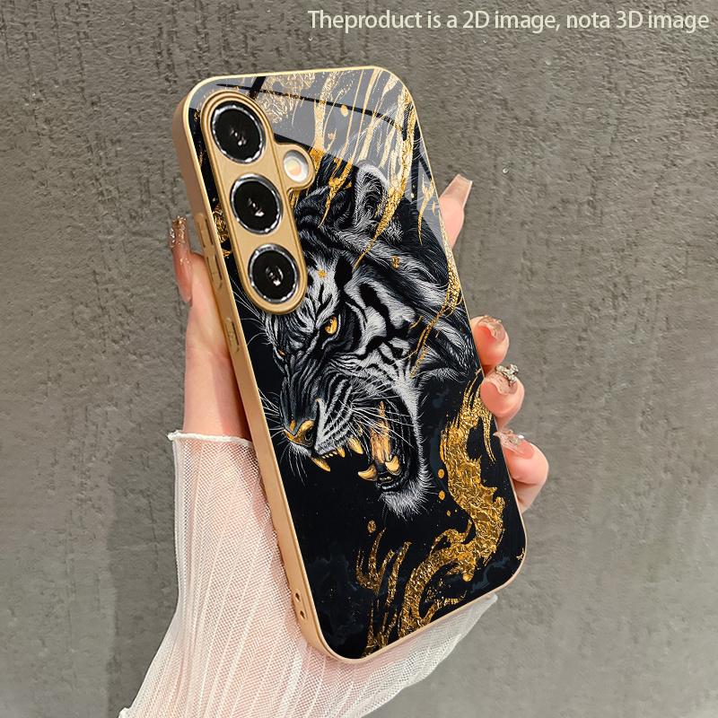 Black Gold Tiger Pattern 2D Phone Case for Samsung S26 S25 S24 S23 S22 S21 S20 A56 - Golden Metal Paint Glass Protective Cover