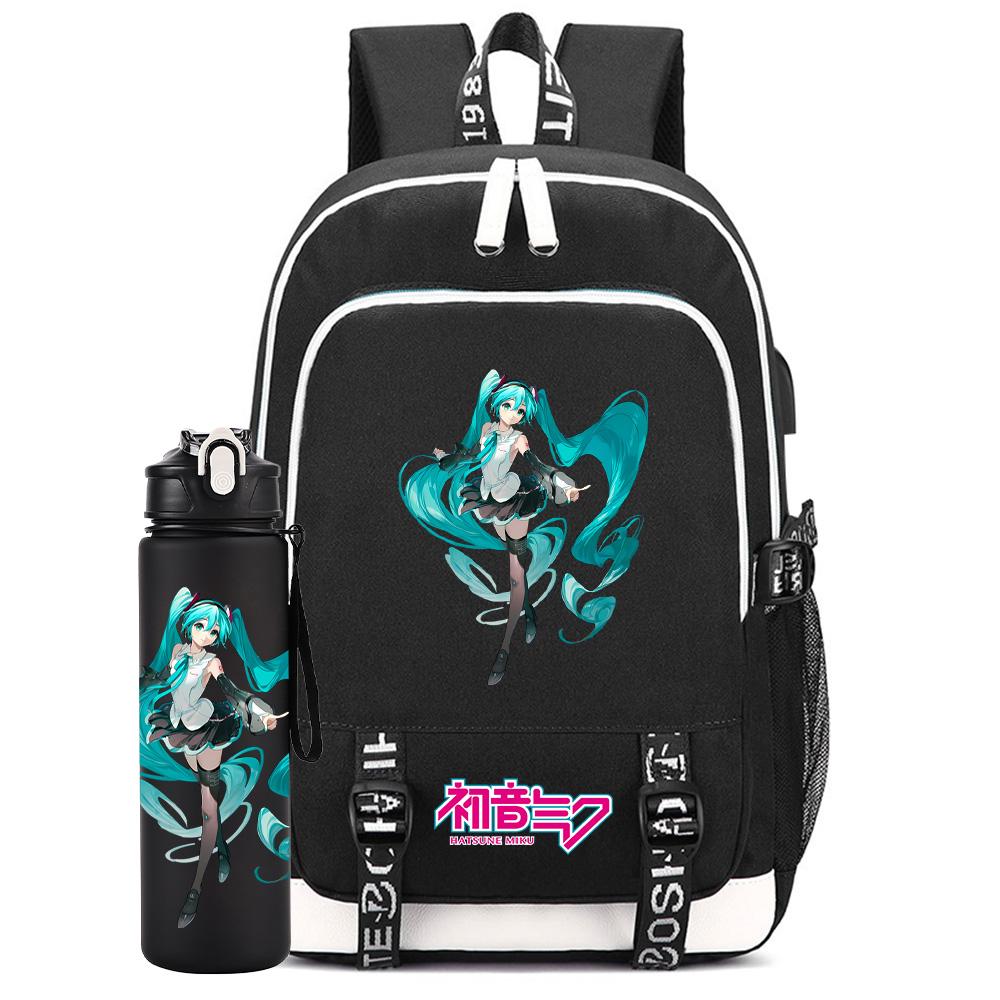 2 ks/sada Anime Hatsune Miku Potisknutý Batoh Velkokapacitní Školní Taška s 750ml Láhví na Vodu na Notebook Student Chlapec Dívka Velkokapacitní Vodotěsná Školní Taška