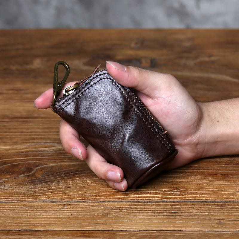 NZPJ Retro Genuine Leather Key Bag Natural Head Layer Cowhide Small Wallet Storage for Women Men Car Key Organizer