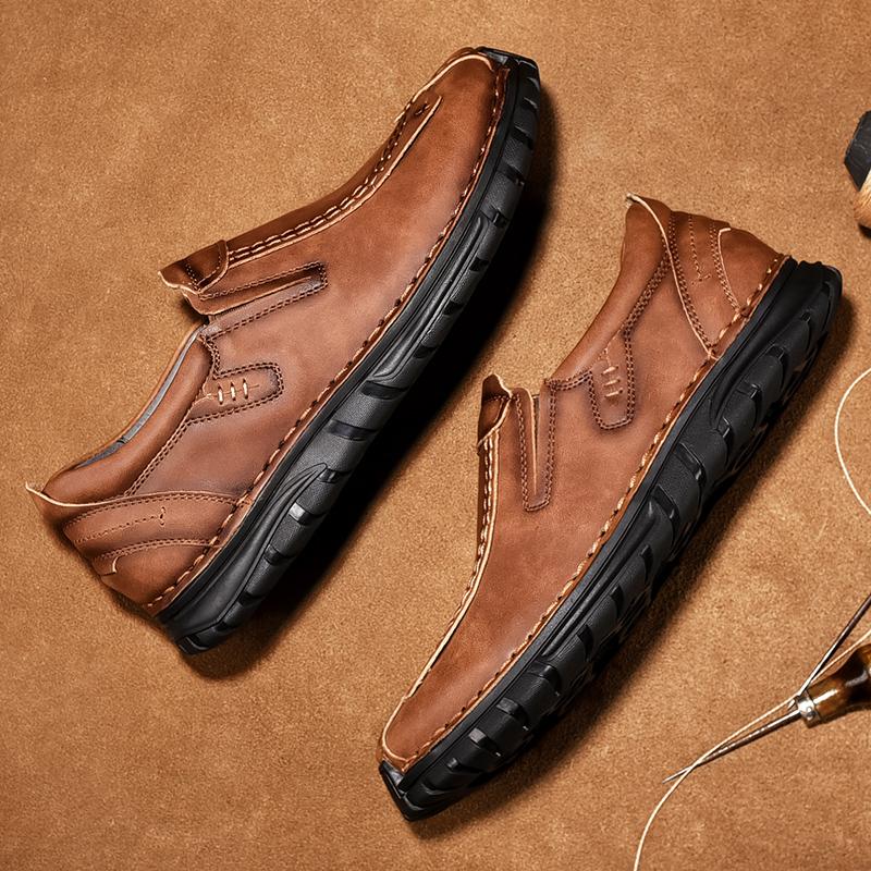 Mocasines marrones para hombre, zapatos de senderismo, sin cordones, hechos a mano, informales, de cuero, anchos, para exteriores, para papá, talla grande