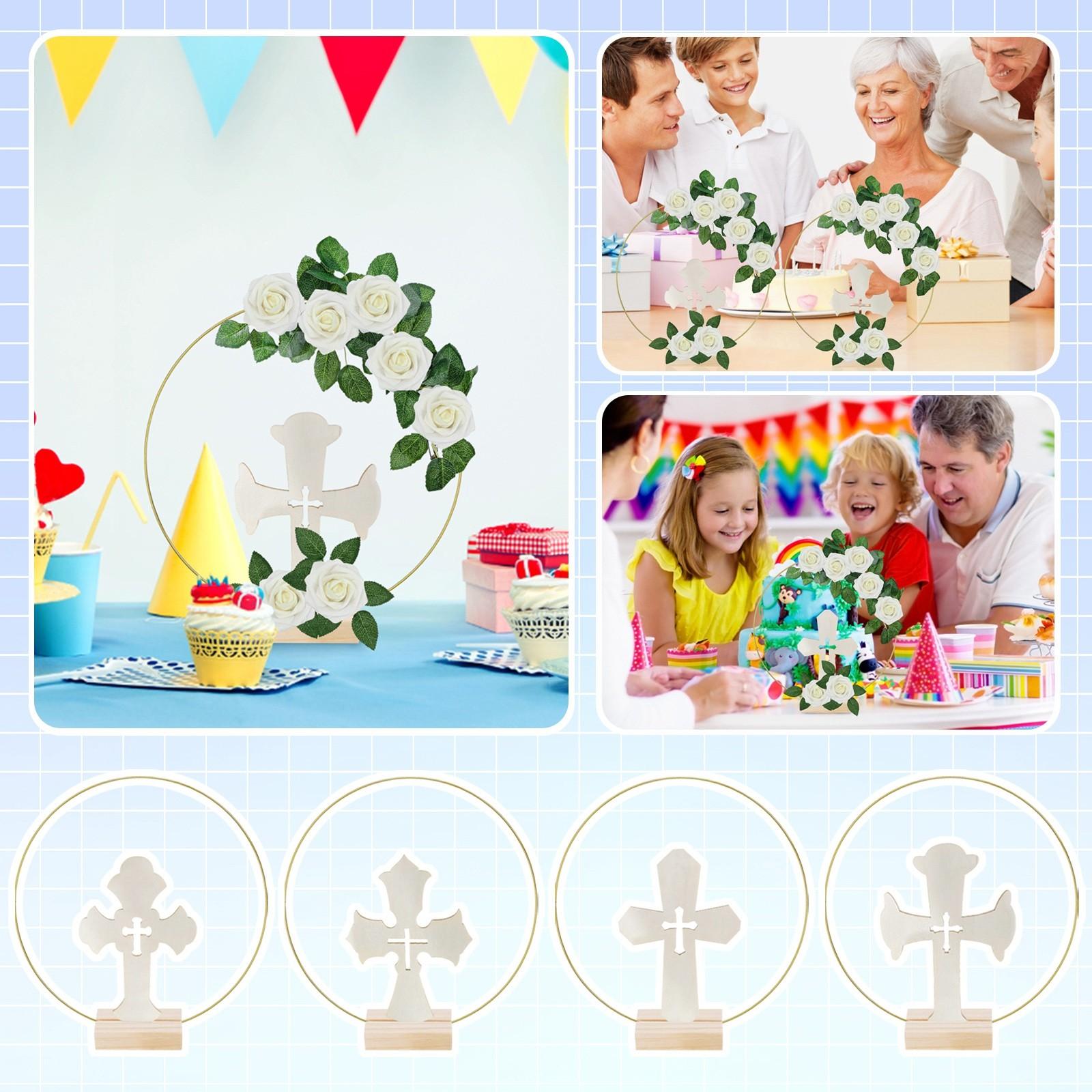 

24 шт. Крещение, центральное украшение для столов, первое причастие, 12 стоячих деревянных крестов для рукоделия, 12 металлических цветочных обручов, центральная часть с подставкой