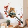 Cute Cat Reading On Flowering Branch Wall Stickers, Orange Cat with Little Bird Artistic Decor for Study Room Living Room Decoration