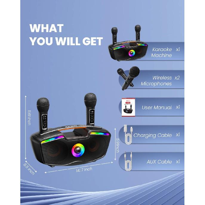 Bluetooth Karaoke Machine for Adults & Kids, 80W Portable Speaker with 2 Wireless Microphones, Echo Adjustment, Support USB/AUX/TF Card