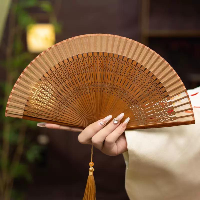 Chinese Style Hanfu Portable Mini Folding Fan, Solid Color, Hollow Carving, Elegant, Summer Daily Use Small Fan