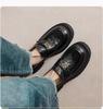 Retro Black Camellia Loafers: Pleated Leather, Thick Sole, Slip-on British Style