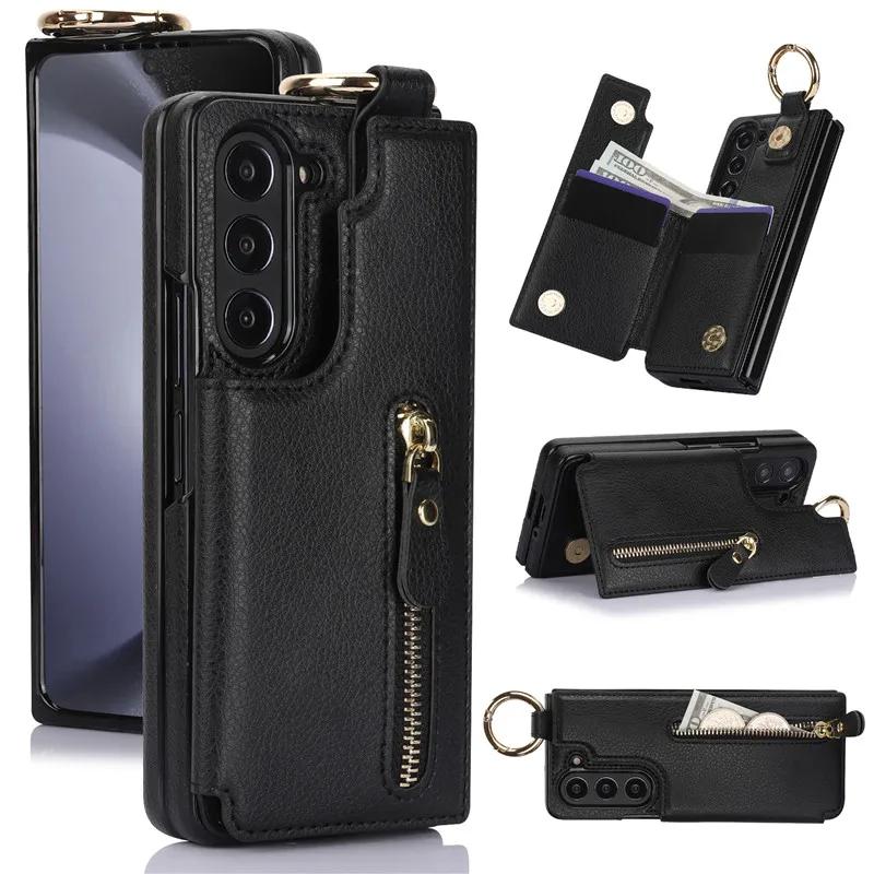 PU Leather Ring Zipper Wallet with Card Holder Phone Case for Samsung Galaxy Z Fold 6 5 4 3 Fold6 Fold5 Fold4 5G Kickstand Cover