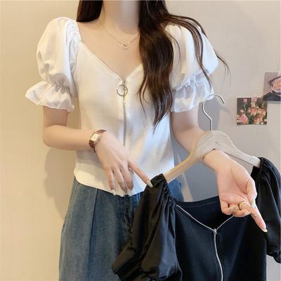 High-waisted Short Navel V-neck Bubble Sleeve Zipper Versatile Tops Design Sense Niche Tight Sexy Short-sleeved Summer Casual Slim Fit Pullovers Tees