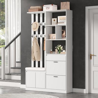 Hallway Wardrobe 120x30x200cm, MDF, with Padded Bench, 2 Shoe Flaps, 1 Drawer, 2 Doors & 10 Clothes Hooks, Up To 30 Kg, for Entryway, White