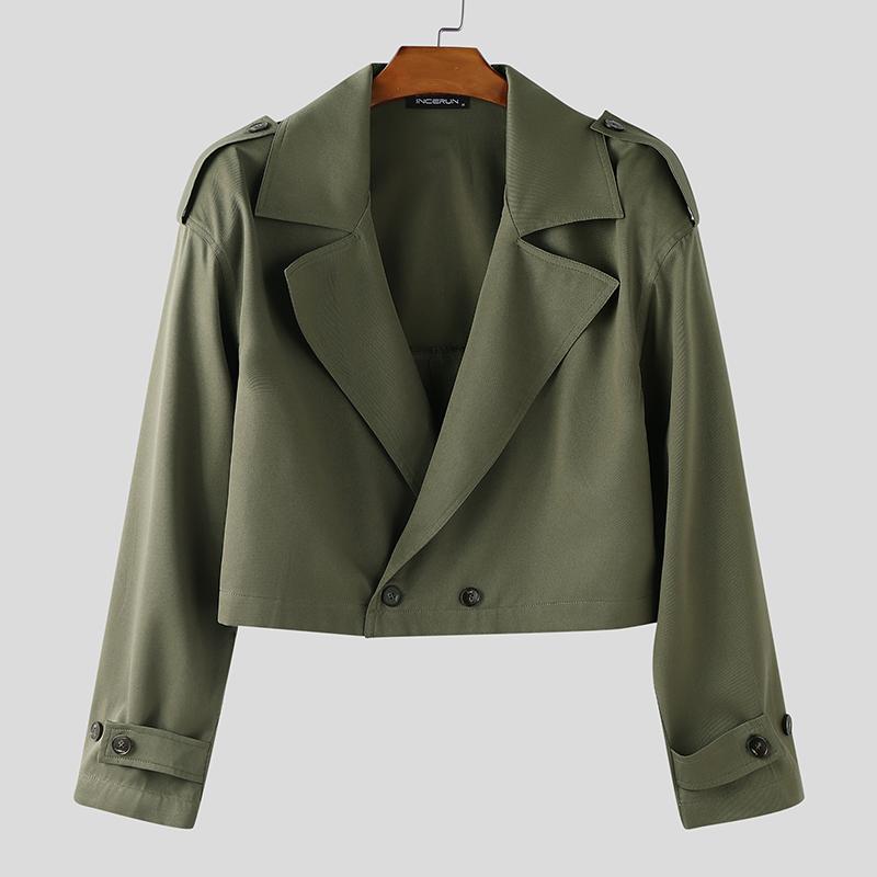 INCERUN Ovesized Men Lapel Neck Long Sleeve Buttons Up Short Windbreaker Coats