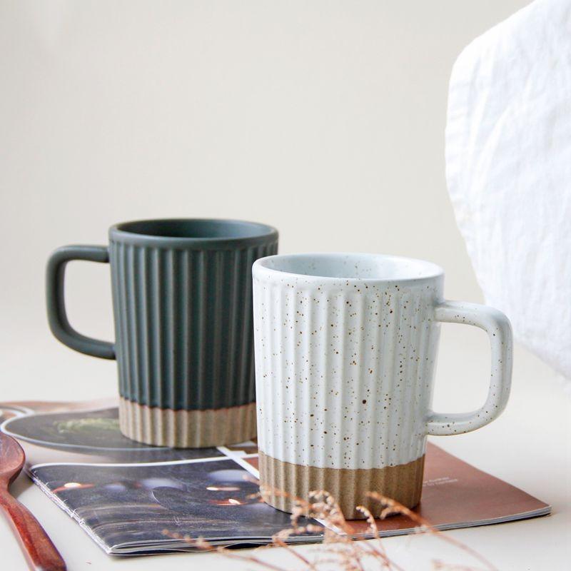 Japanese-style vertical pattern mug with lid ceramic cup simple ins style white sesame glaze coarse pottery coffee cup