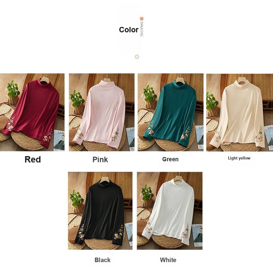 Autumn Winter Retro Velvet Bohemian Embroidery Base Layer Long Sleeve Top for Women