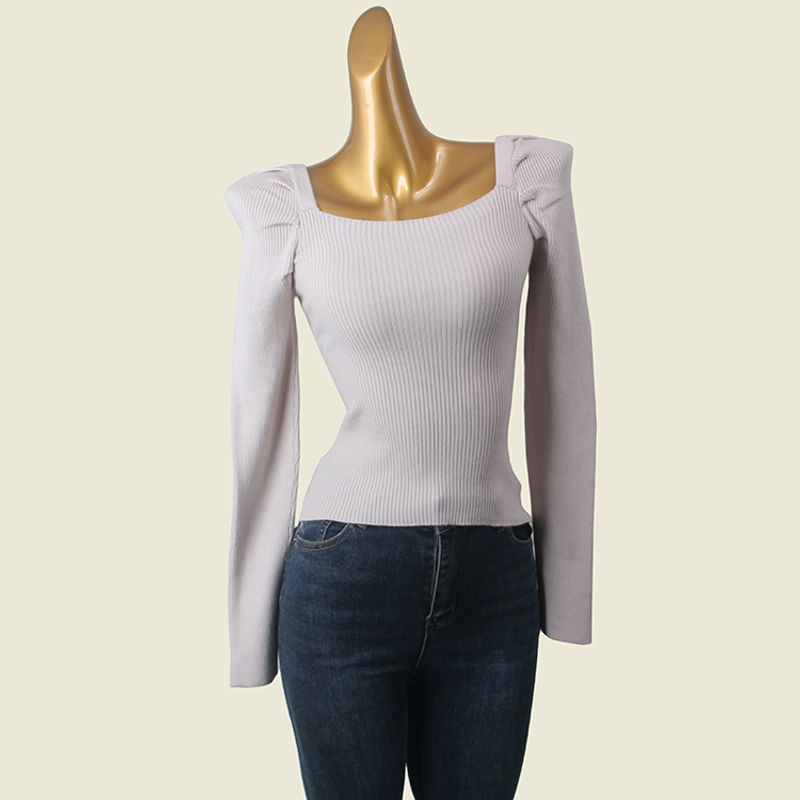 French Style Retro Puff Sleeve Square Collar Bottoming Shirt High Quality Six Wool Silm Long Sleeve Inner Wear Pure Color Bottoming Shirt