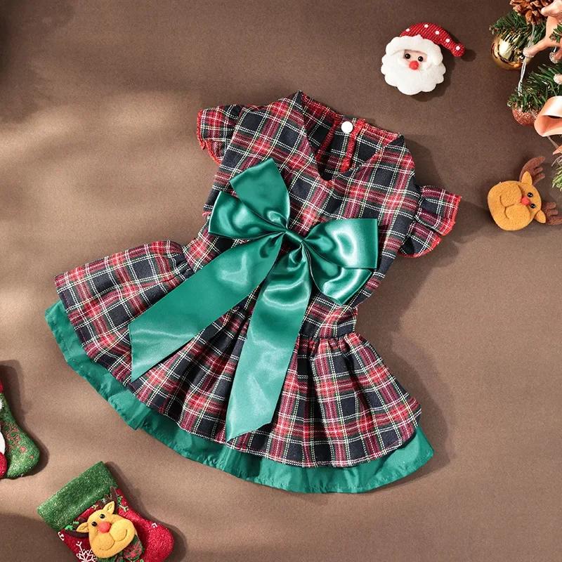 New Pet Clothing Christmas Classic Plaid Skirt Puppy Holiday Costume Peplum Sleeve Dog Clothing Cross-border