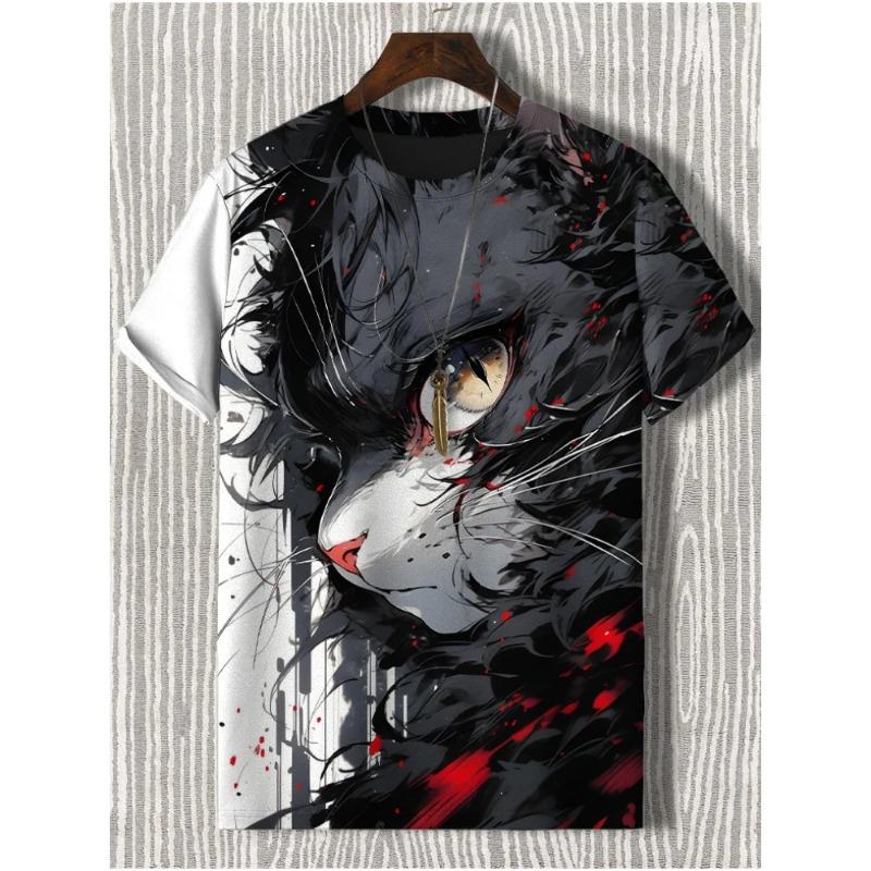 Men's T-Shirt Japanese Style Samurai Cat Graphic 3D Printed T-Shirt Casual Short Sleeved Tee Outdoor Oversized Men Clothing Tops