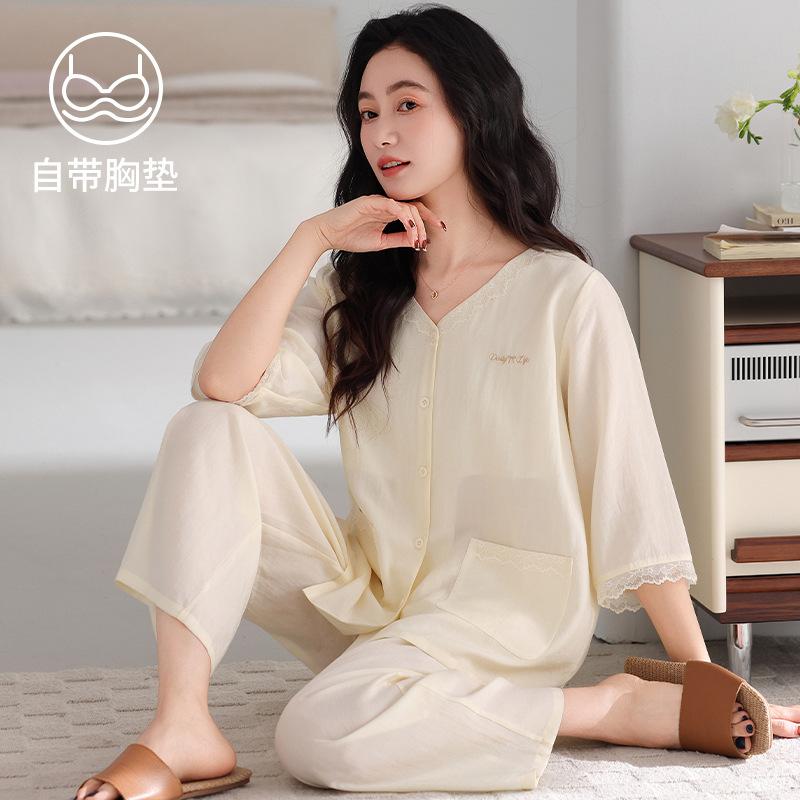 Pajamas Ladies Summer Seven-Point Cuffs Chest Pad Tencel Lyocell Middle-aged Mom Lady Wind No Collar Homewear