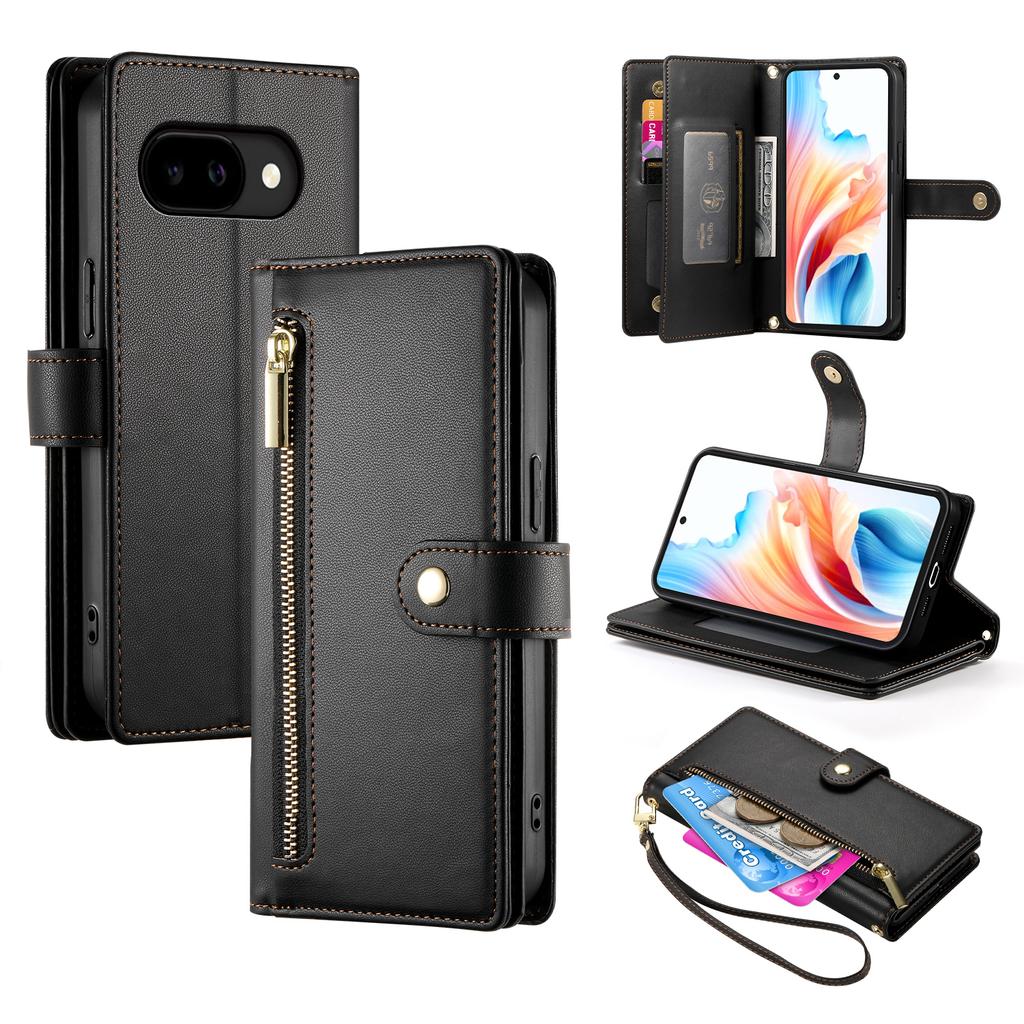 For Google Pixel 10a Case Zipper Pocket Wallet Leather Phone Cover with Straps