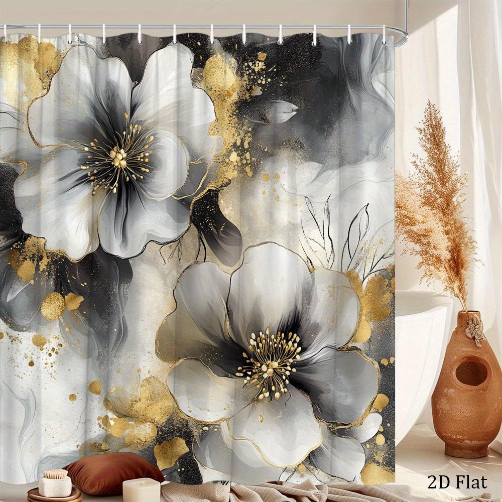 Luxurious Abstract Gold Floral Watercolor Pattern Shower Curtain Waterproof Polyester Bathroom Curtain Home Decor Accent