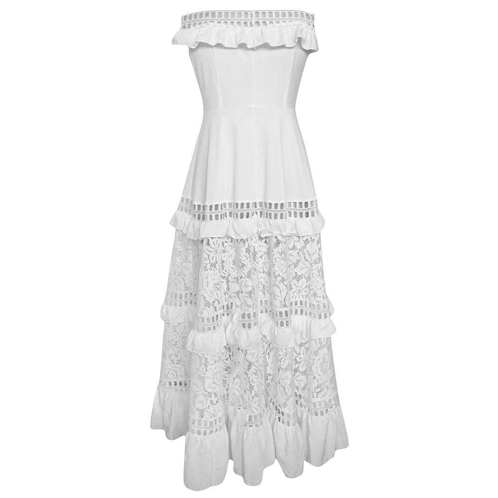 Boho Women Summer Holiday Lace Hollow Out Sundress Solid Slash-Neck Maxi Dress