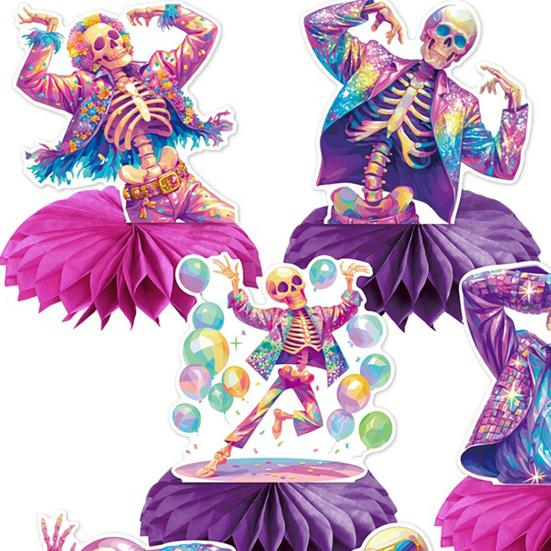 8 Pcs Halloween Disco Skeleton Honeycomb Centerpiece Glitter 80s Disco Skeleton Tabletop Honeycomb Ornament for Halloween Party Home Room Desk Decor