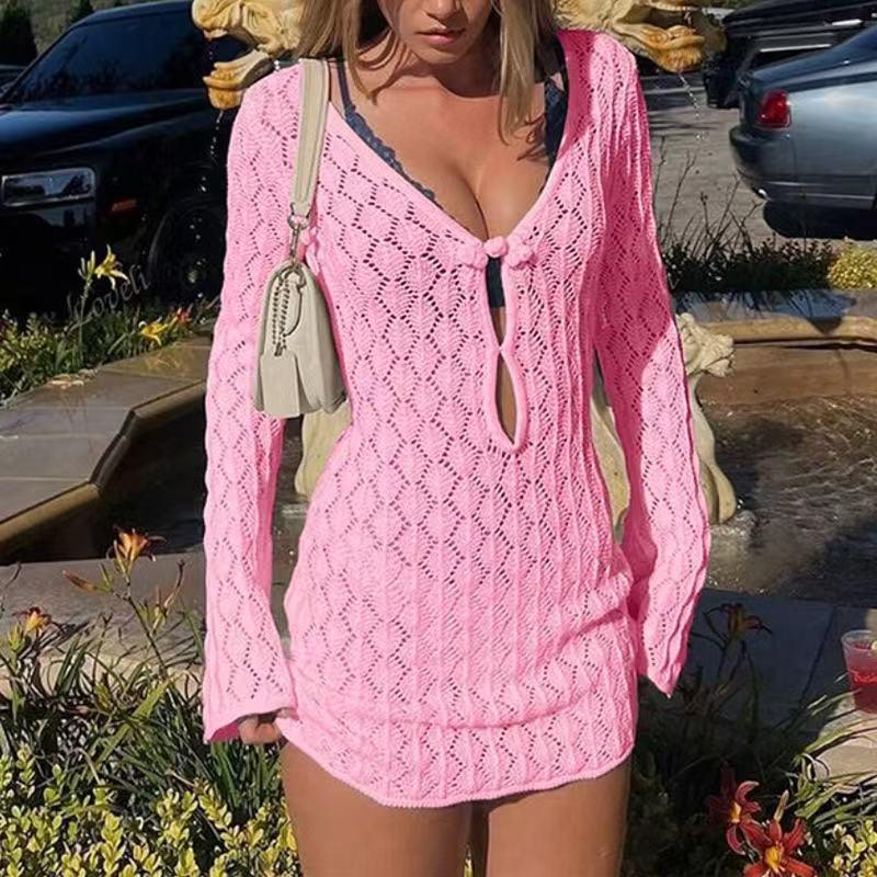 2026 European Summer Sexy Hollow Knit Beach Dress Bikini Cover-up Sun Protection for Women