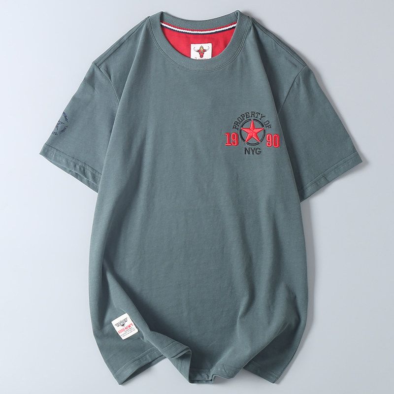 American Retro Machine Embroidery Men's Short Sleeve T-Shirt Summer New Arrival Trendy Export Export Tail Single Cotton T-shirt