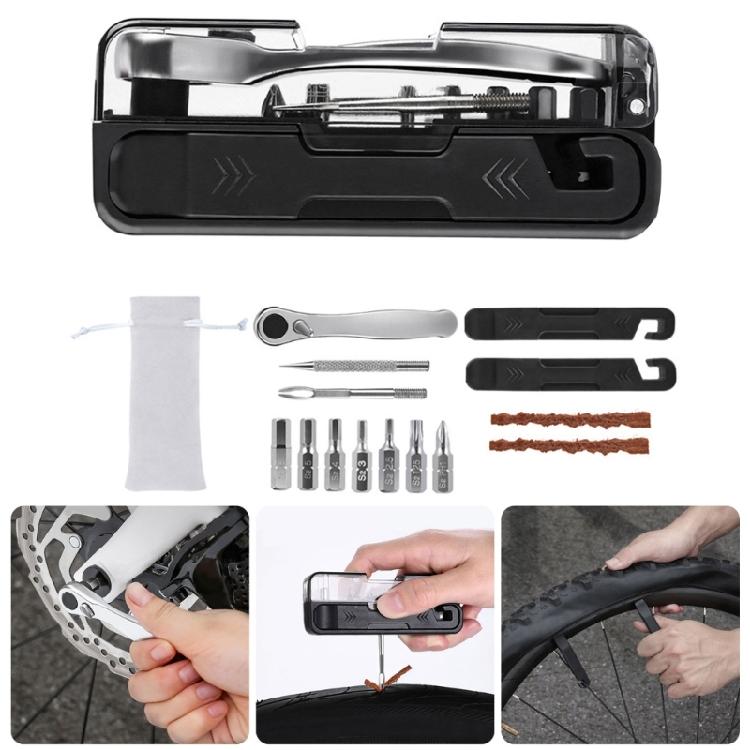 Durability 14 In 1 Cycling Tool Containing Steel Patches Strips Double Direction Ratchets and Compacts Carry Pouches