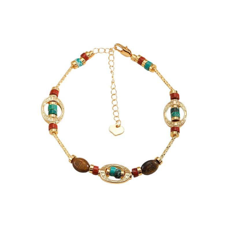 Boho Chic Geometric Stone Beaded Bracelet With Gold-Tone Metal Accents Vintage-Inspired Womens Handmade Jewelry