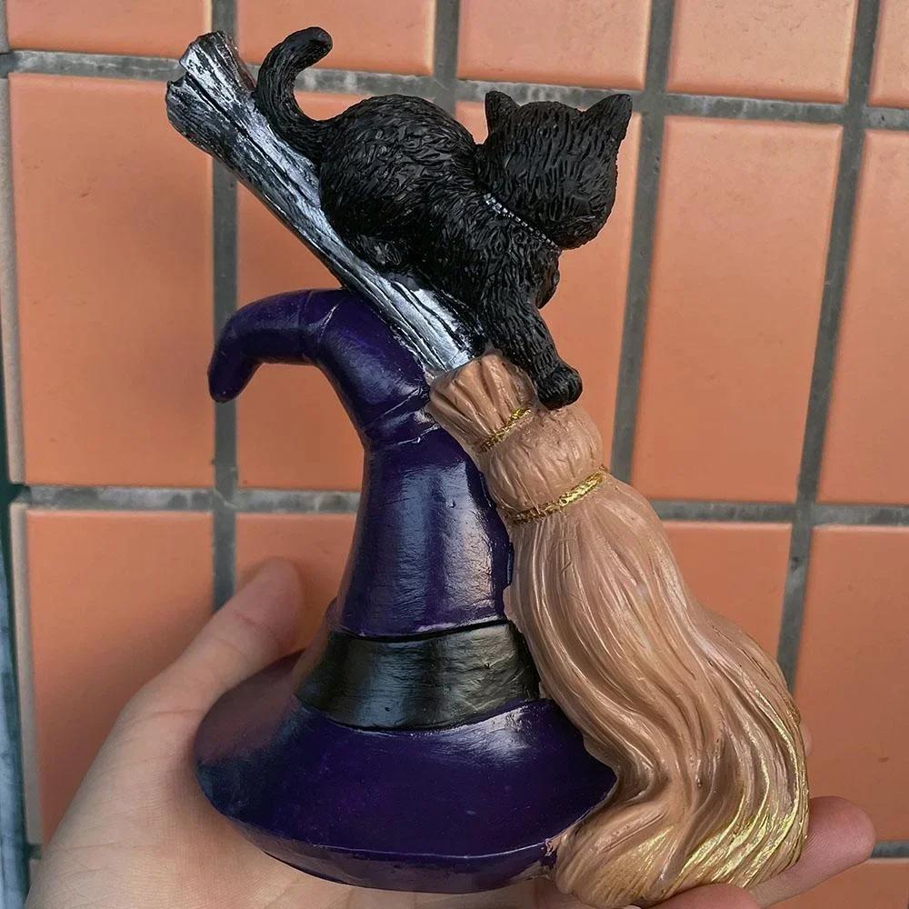 Cute Black Cat Ornament Broom Resin Crafts Figurine Table Art Gift Mini Gothic Home Decor Statues Halloween Desktop Decoration