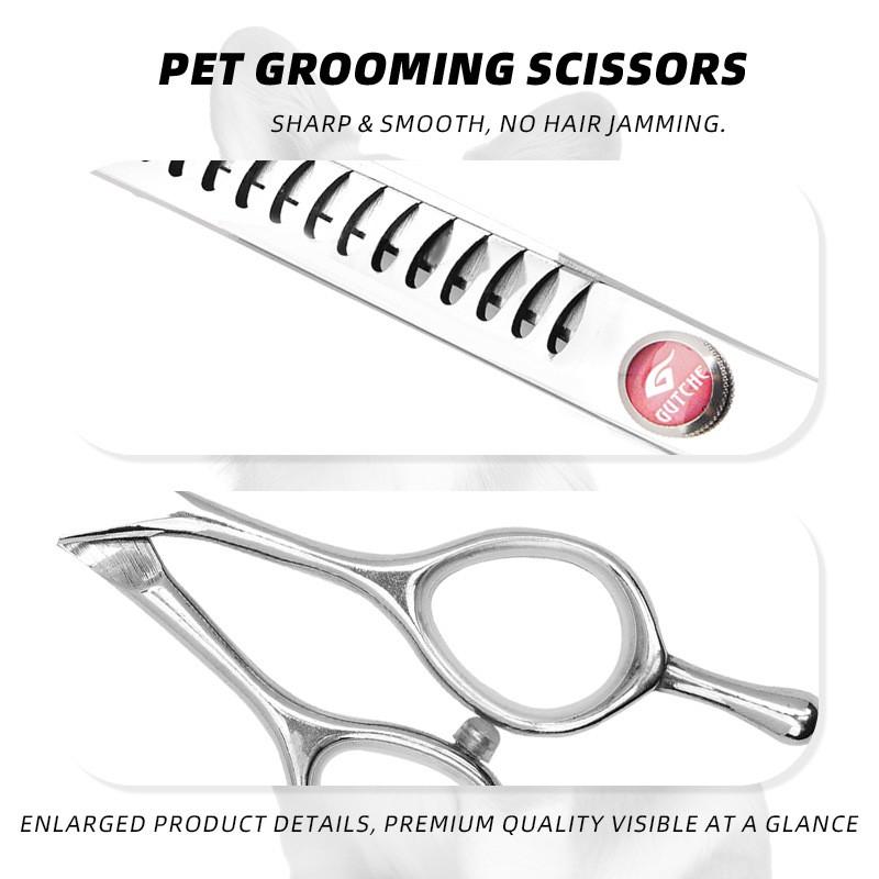 Professional Pet Grooming Scissors Set 6.5 Inch Stainless Steel Flat Curved Tooth Fishbone Fluffy Thinning Shears Dogs