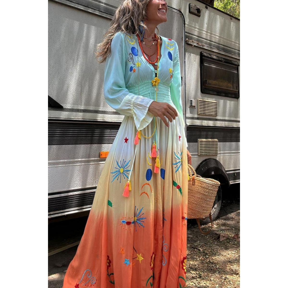 Women s Gradient Print V-neck Long Sleeve Dress Lace-up Tassel S